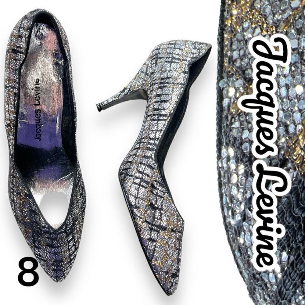Jacques Levine Womens Pointed Toe Metallic Sparkly Pump Heels Silver Gold Size 8